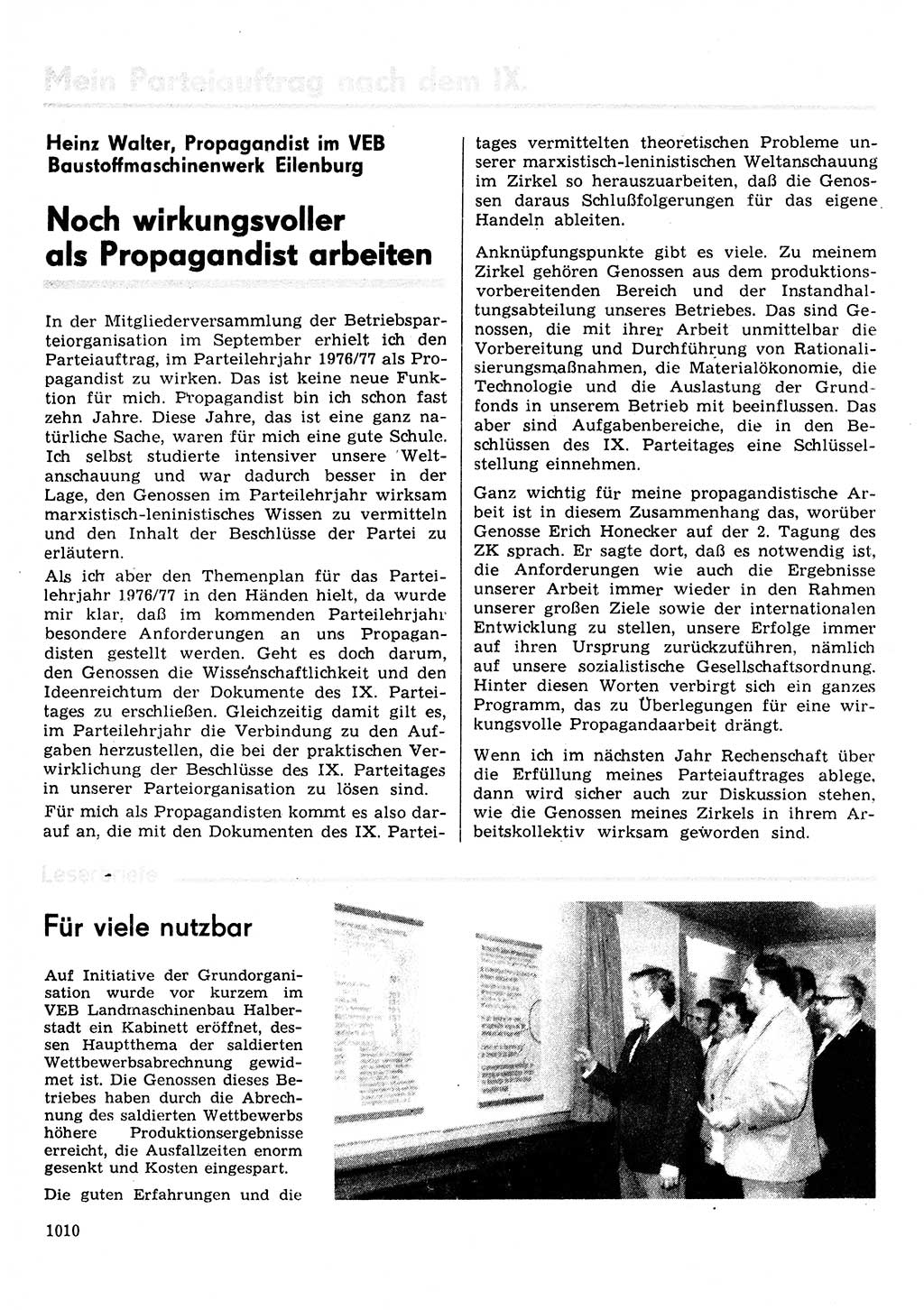 Neuer Weg (NW), Organ des Zentralkomitees (ZK) der SED (Sozialistische Einheitspartei Deutschlands) für Fragen des Parteilebens, 31. Jahrgang [Deutsche Demokratische Republik (DDR)] 1976, Seite 1010 (NW ZK SED DDR 1976, S. 1010)