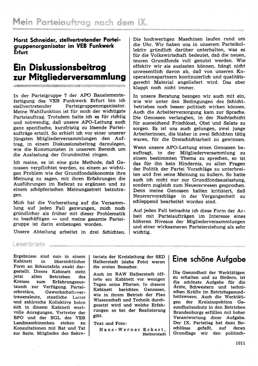 Neuer Weg (NW), Organ des Zentralkomitees (ZK) der SED (Sozialistische Einheitspartei Deutschlands) für Fragen des Parteilebens, 31. Jahrgang [Deutsche Demokratische Republik (DDR)] 1976, Seite 1011 (NW ZK SED DDR 1976, S. 1011)