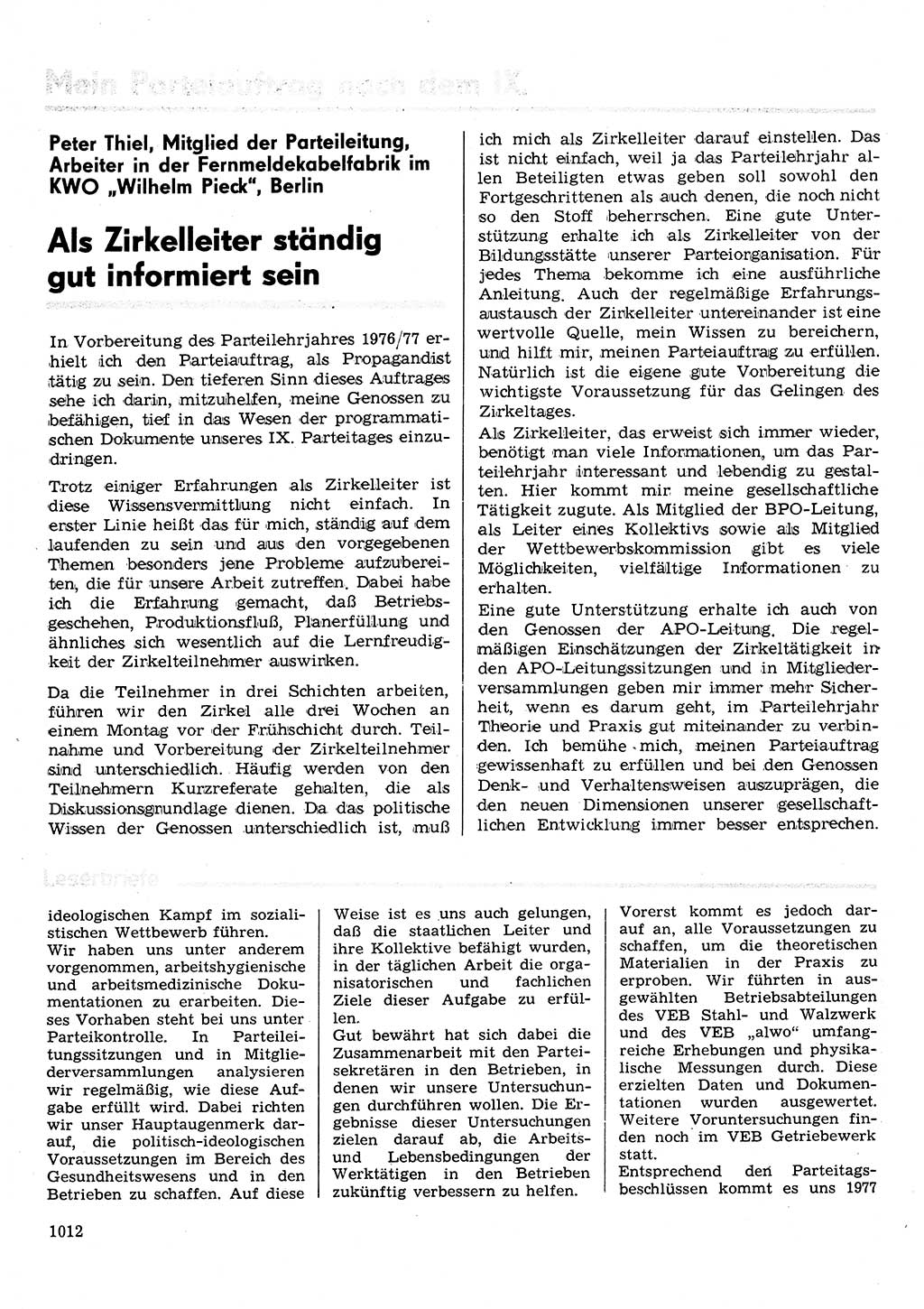 Neuer Weg (NW), Organ des Zentralkomitees (ZK) der SED (Sozialistische Einheitspartei Deutschlands) für Fragen des Parteilebens, 31. Jahrgang [Deutsche Demokratische Republik (DDR)] 1976, Seite 1012 (NW ZK SED DDR 1976, S. 1012)