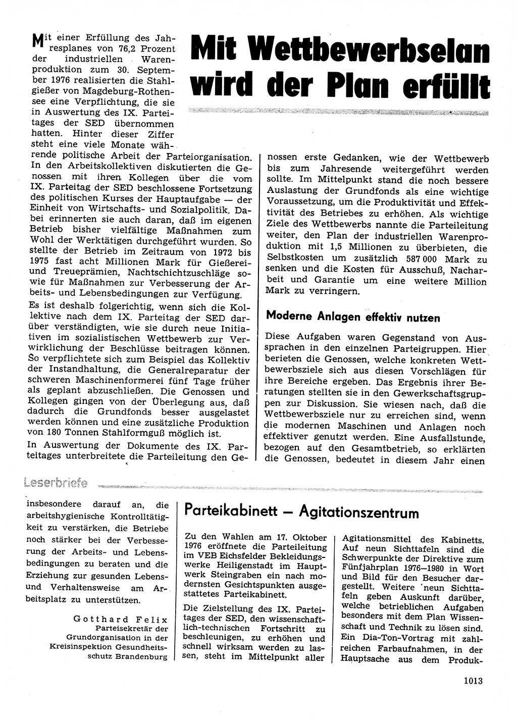 Neuer Weg (NW), Organ des Zentralkomitees (ZK) der SED (Sozialistische Einheitspartei Deutschlands) für Fragen des Parteilebens, 31. Jahrgang [Deutsche Demokratische Republik (DDR)] 1976, Seite 1013 (NW ZK SED DDR 1976, S. 1013)