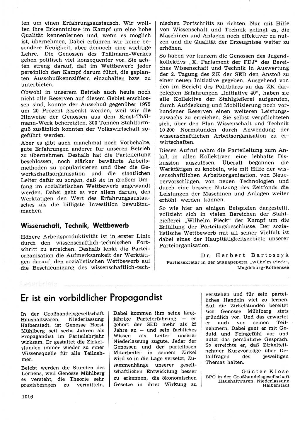Neuer Weg (NW), Organ des Zentralkomitees (ZK) der SED (Sozialistische Einheitspartei Deutschlands) für Fragen des Parteilebens, 31. Jahrgang [Deutsche Demokratische Republik (DDR)] 1976, Seite 1016 (NW ZK SED DDR 1976, S. 1016)