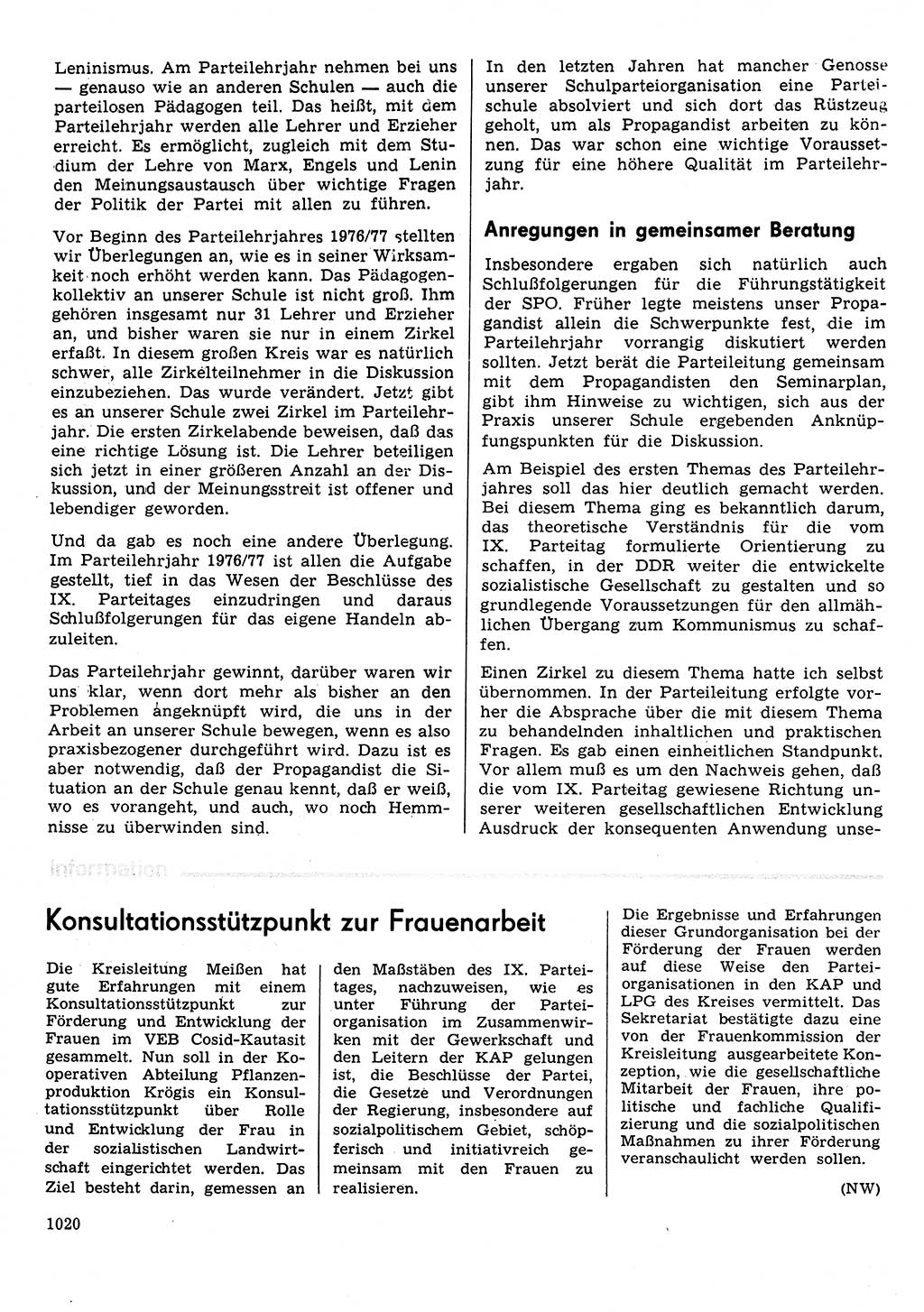 Neuer Weg (NW), Organ des Zentralkomitees (ZK) der SED (Sozialistische Einheitspartei Deutschlands) für Fragen des Parteilebens, 31. Jahrgang [Deutsche Demokratische Republik (DDR)] 1976, Seite 1020 (NW ZK SED DDR 1976, S. 1020)