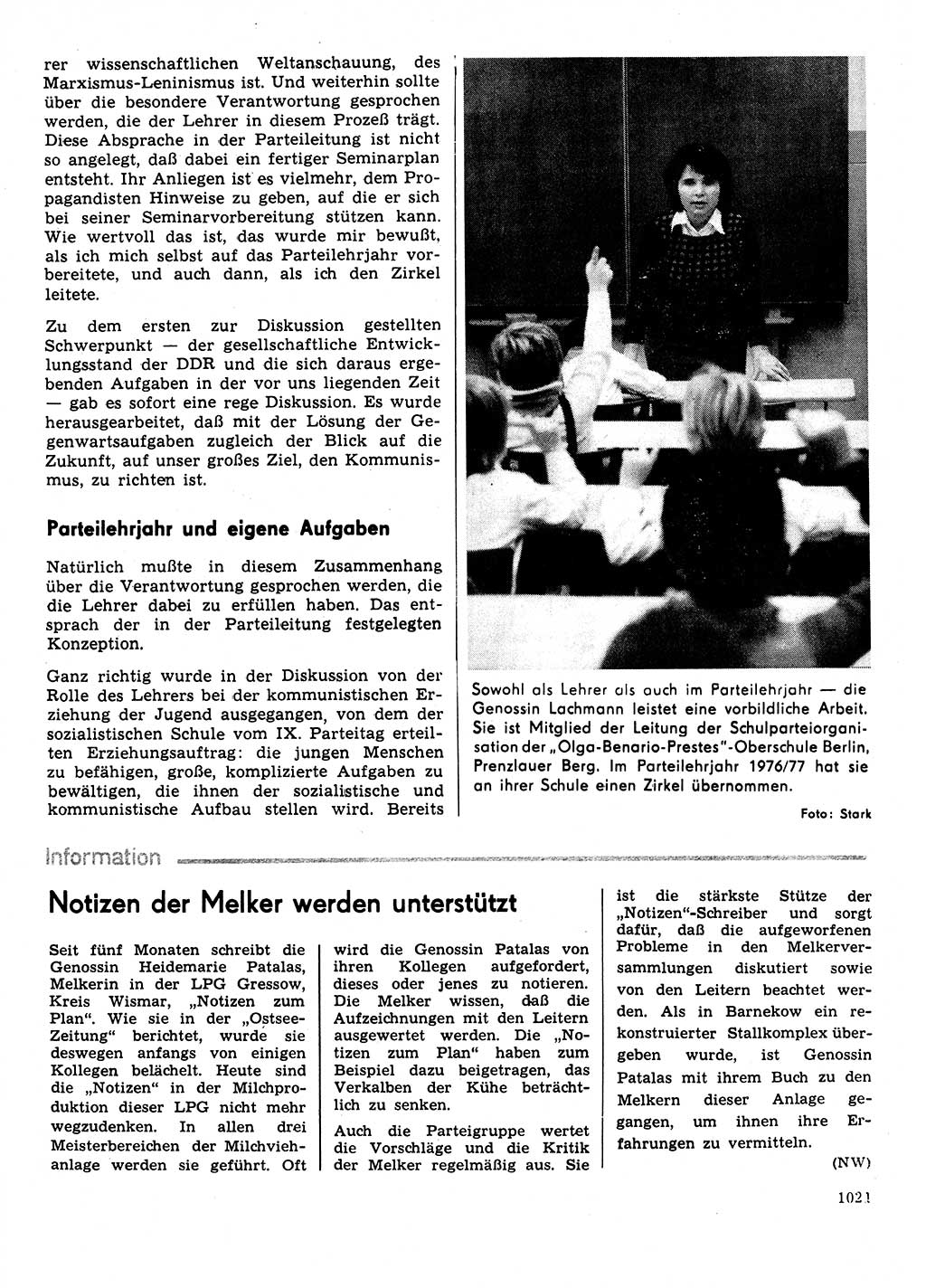 Neuer Weg (NW), Organ des Zentralkomitees (ZK) der SED (Sozialistische Einheitspartei Deutschlands) für Fragen des Parteilebens, 31. Jahrgang [Deutsche Demokratische Republik (DDR)] 1976, Seite 1021 (NW ZK SED DDR 1976, S. 1021)