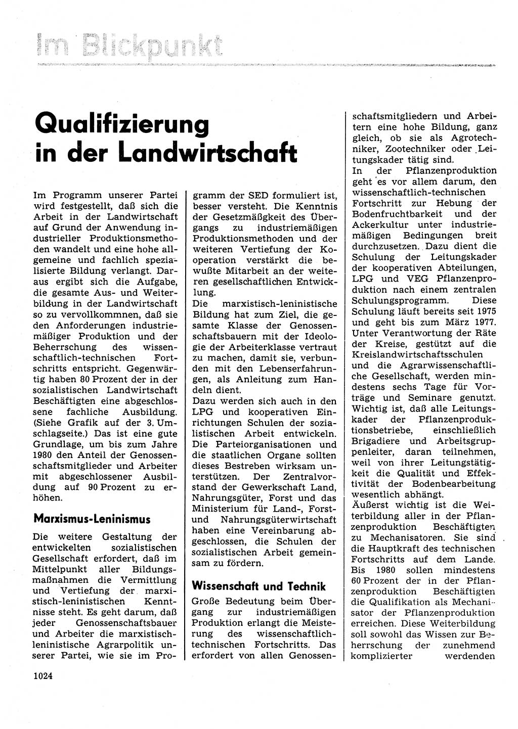 Neuer Weg (NW), Organ des Zentralkomitees (ZK) der SED (Sozialistische Einheitspartei Deutschlands) für Fragen des Parteilebens, 31. Jahrgang [Deutsche Demokratische Republik (DDR)] 1976, Seite 1024 (NW ZK SED DDR 1976, S. 1024)