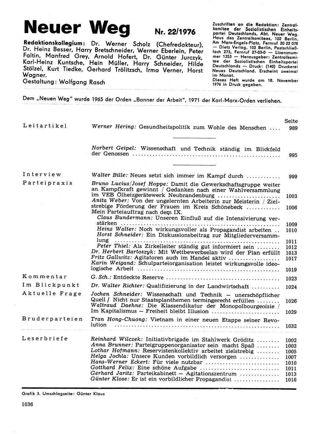 Neuer Weg (NW), Organ des Zentralkomitees (ZK) der SED (Sozialistische Einheitspartei Deutschlands) für Fragen des Parteilebens, 31. Jahrgang [Deutsche Demokratische Republik (DDR)] 1976, Seite 1036 (NW ZK SED DDR 1976, S. 1036)