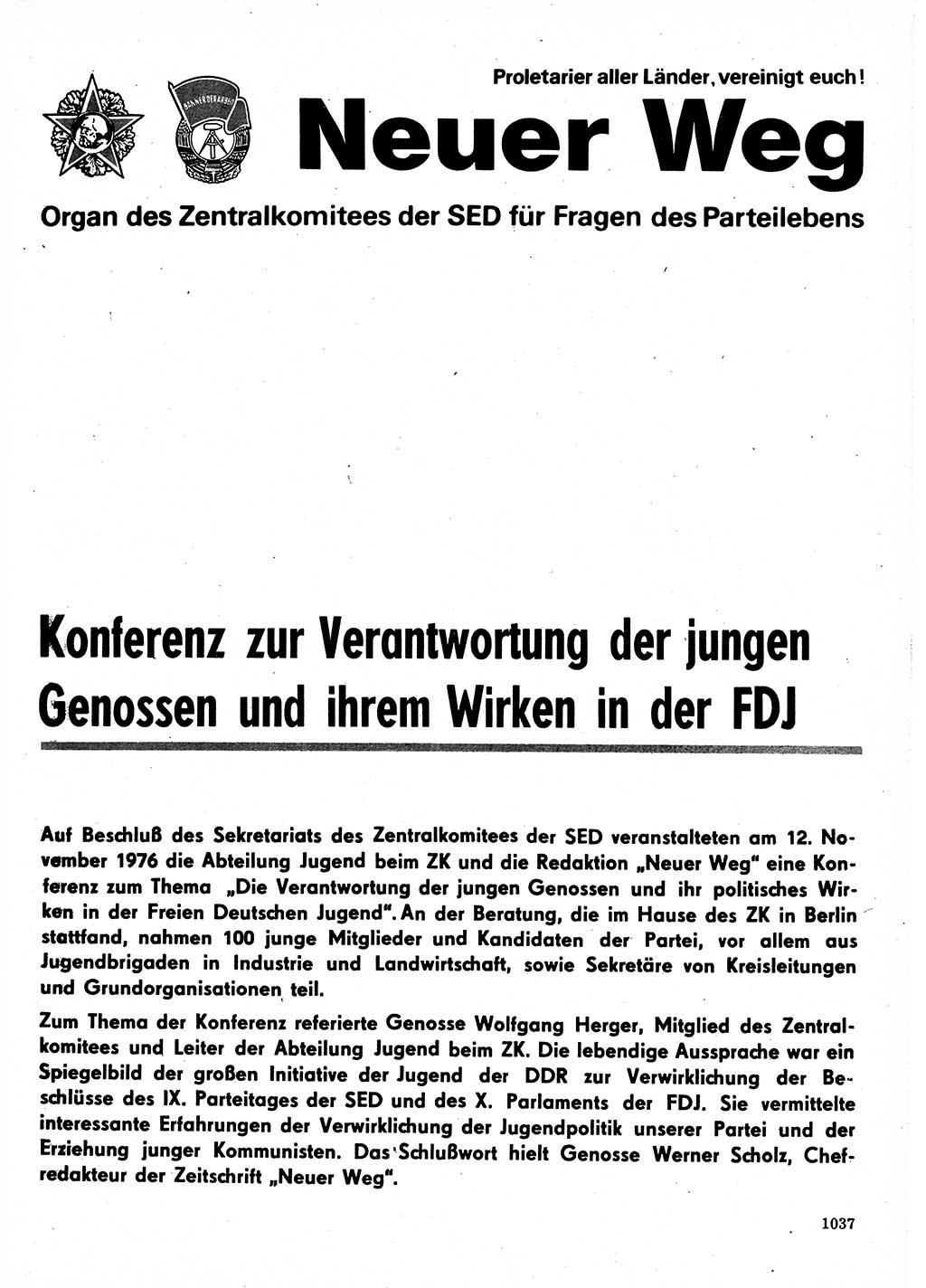 Neuer Weg (NW), Organ des Zentralkomitees (ZK) der SED (Sozialistische Einheitspartei Deutschlands) für Fragen des Parteilebens, 31. Jahrgang [Deutsche Demokratische Republik (DDR)] 1976, Seite 1037 (NW ZK SED DDR 1976, S. 1037)