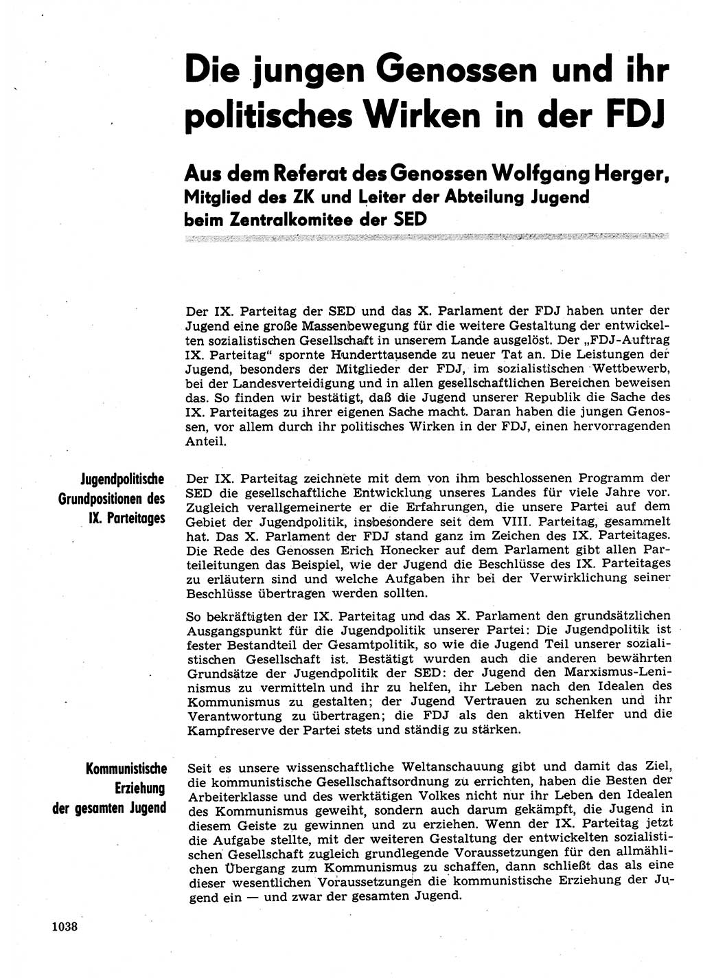 Neuer Weg (NW), Organ des Zentralkomitees (ZK) der SED (Sozialistische Einheitspartei Deutschlands) für Fragen des Parteilebens, 31. Jahrgang [Deutsche Demokratische Republik (DDR)] 1976, Seite 1038 (NW ZK SED DDR 1976, S. 1038)