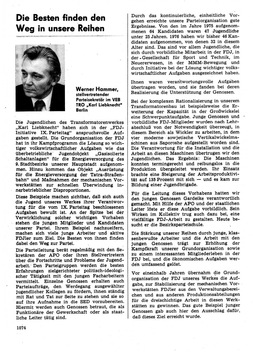 Neuer Weg (NW), Organ des Zentralkomitees (ZK) der SED (Sozialistische Einheitspartei Deutschlands) für Fragen des Parteilebens, 31. Jahrgang [Deutsche Demokratische Republik (DDR)] 1976, Seite 1074 (NW ZK SED DDR 1976, S. 1074)