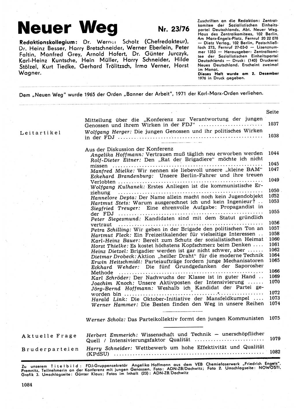 Neuer Weg (NW), Organ des Zentralkomitees (ZK) der SED (Sozialistische Einheitspartei Deutschlands) für Fragen des Parteilebens, 31. Jahrgang [Deutsche Demokratische Republik (DDR)] 1976, Seite 1084 (NW ZK SED DDR 1976, S. 1084)