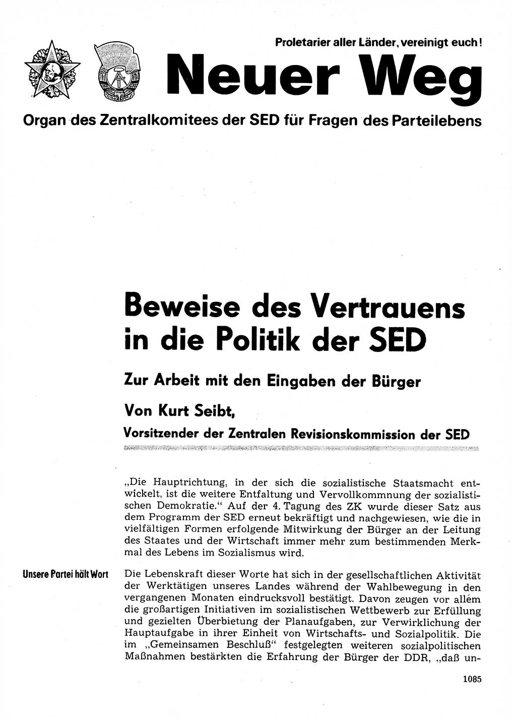 Neuer Weg (NW), Organ des Zentralkomitees (ZK) der SED (Sozialistische Einheitspartei Deutschlands) für Fragen des Parteilebens, 31. Jahrgang [Deutsche Demokratische Republik (DDR)] 1976, Seite 1085 (NW ZK SED DDR 1976, S. 1085)