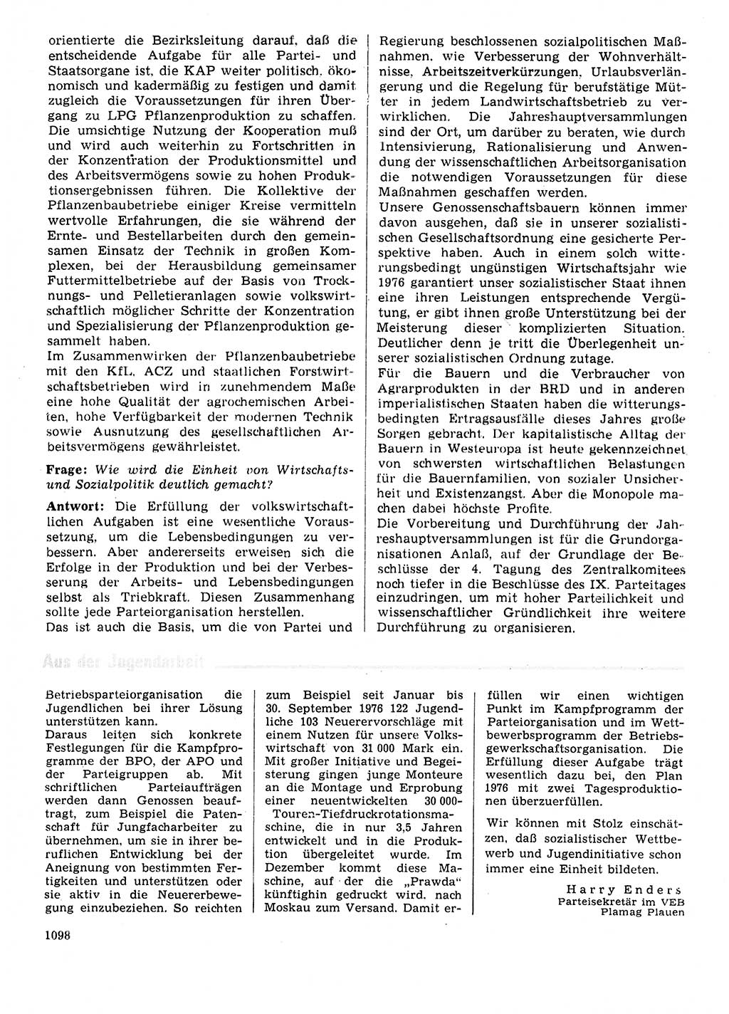 Neuer Weg (NW), Organ des Zentralkomitees (ZK) der SED (Sozialistische Einheitspartei Deutschlands) für Fragen des Parteilebens, 31. Jahrgang [Deutsche Demokratische Republik (DDR)] 1976, Seite 1098 (NW ZK SED DDR 1976, S. 1098)