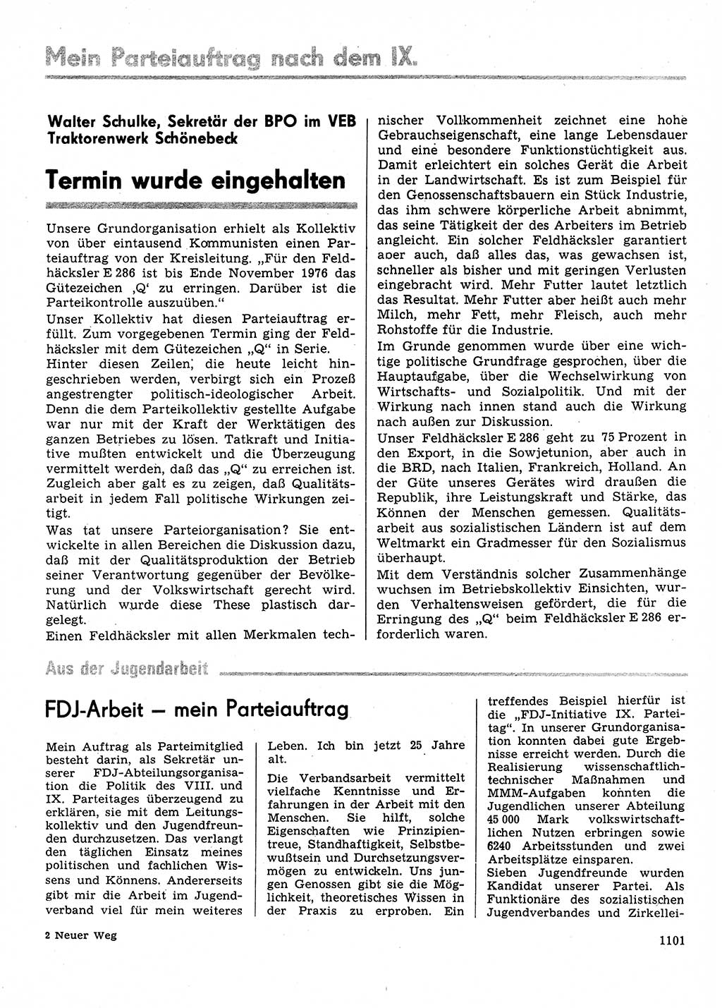 Neuer Weg (NW), Organ des Zentralkomitees (ZK) der SED (Sozialistische Einheitspartei Deutschlands) für Fragen des Parteilebens, 31. Jahrgang [Deutsche Demokratische Republik (DDR)] 1976, Seite 1101 (NW ZK SED DDR 1976, S. 1101)