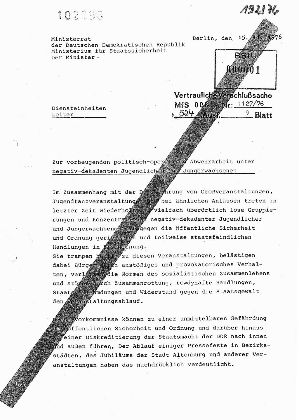 Zur vorbeugenden politisch-operativen Abwehrarbeit unter negativ-dekadenten Jugentlichen und Jungerwachsenen, Ministerium für Staatssicherheit (MfS) [Deutsche Demokratische Republik (DDR)], Der Minister (Generaloberst Erich Mielke), Vertrauliche Verschlußsache (VVS) 008-1227/76, Berlin 1976, Seite 1 (Pol.-Op. Abw.-Arb. J. DDR MfS Min. VVS 008-1227/76 1976, S. 1)