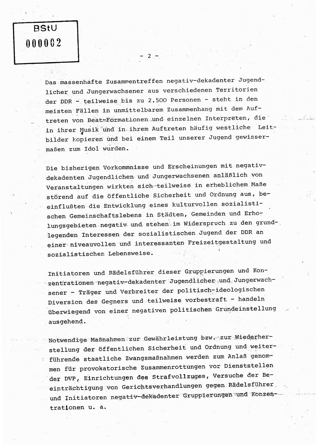 Zur vorbeugenden politisch-operativen Abwehrarbeit unter negativ-dekadenten Jugentlichen und Jungerwachsenen, Ministerium für Staatssicherheit (MfS) [Deutsche Demokratische Republik (DDR)], Der Minister (Generaloberst Erich Mielke), Vertrauliche Verschlußsache (VVS) 008-1227/76, Berlin 1976, Seite 2 (Pol.-Op. Abw.-Arb. J. DDR MfS Min. VVS 008-1227/76 1976, S. 2)