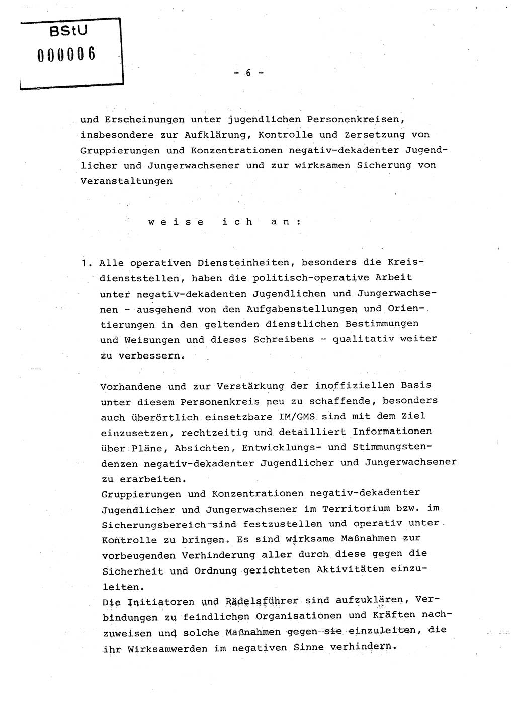 Zur vorbeugenden politisch-operativen Abwehrarbeit unter negativ-dekadenten Jugentlichen und Jungerwachsenen, Ministerium für Staatssicherheit (MfS) [Deutsche Demokratische Republik (DDR)], Der Minister (Generaloberst Erich Mielke), Vertrauliche Verschlußsache (VVS) 008-1227/76, Berlin 1976, Seite 6 (Pol.-Op. Abw.-Arb. J. DDR MfS Min. VVS 008-1227/76 1976, S. 6)