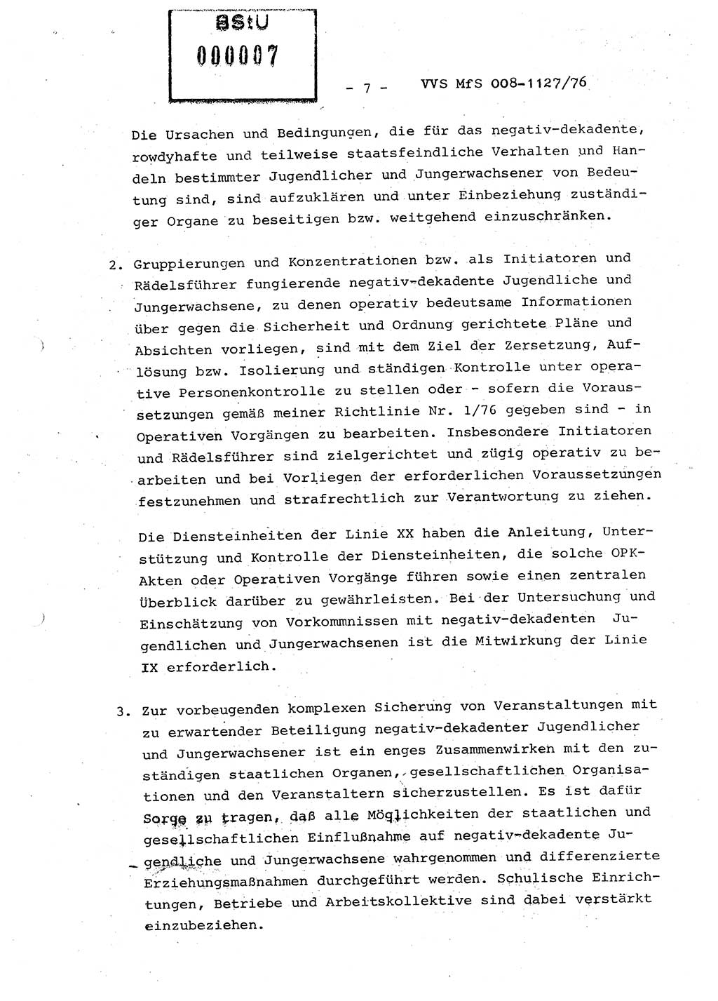 Zur vorbeugenden politisch-operativen Abwehrarbeit unter negativ-dekadenten Jugentlichen und Jungerwachsenen, Ministerium für Staatssicherheit (MfS) [Deutsche Demokratische Republik (DDR)], Der Minister (Generaloberst Erich Mielke), Vertrauliche Verschlußsache (VVS) 008-1227/76, Berlin 1976, Seite 7 (Pol.-Op. Abw.-Arb. J. DDR MfS Min. VVS 008-1227/76 1976, S. 7)