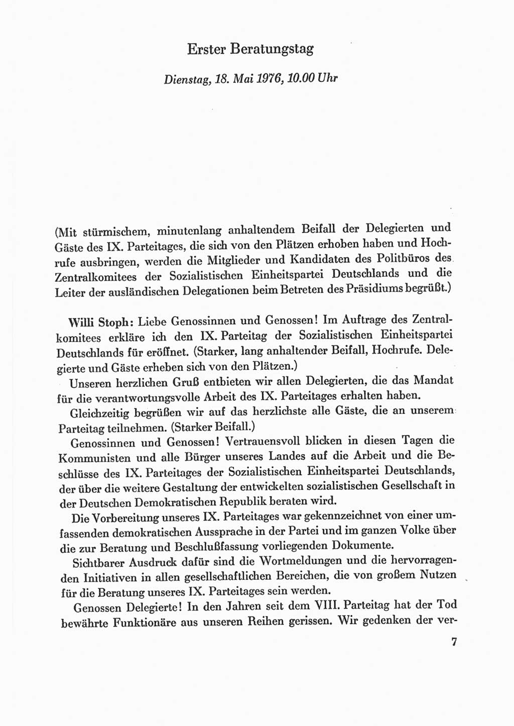 Protokoll der Verhandlungen des Ⅸ. Parteitages der Sozialistischen Einheitspartei Deutschlands (SED) [Deutsche Demokratische Republik (DDR)] 1976, Band 1, Seite 7 (Prot. Verh. Ⅸ. PT SED DDR 1976, Bd. 1, S. 7)