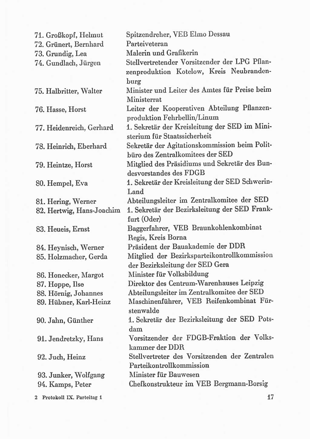 Protokoll der Verhandlungen des Ⅸ. Parteitages der Sozialistischen Einheitspartei Deutschlands (SED) [Deutsche Demokratische Republik (DDR)] 1976, Band 1, Seite 17 (Prot. Verh. Ⅸ. PT SED DDR 1976, Bd. 1, S. 17)