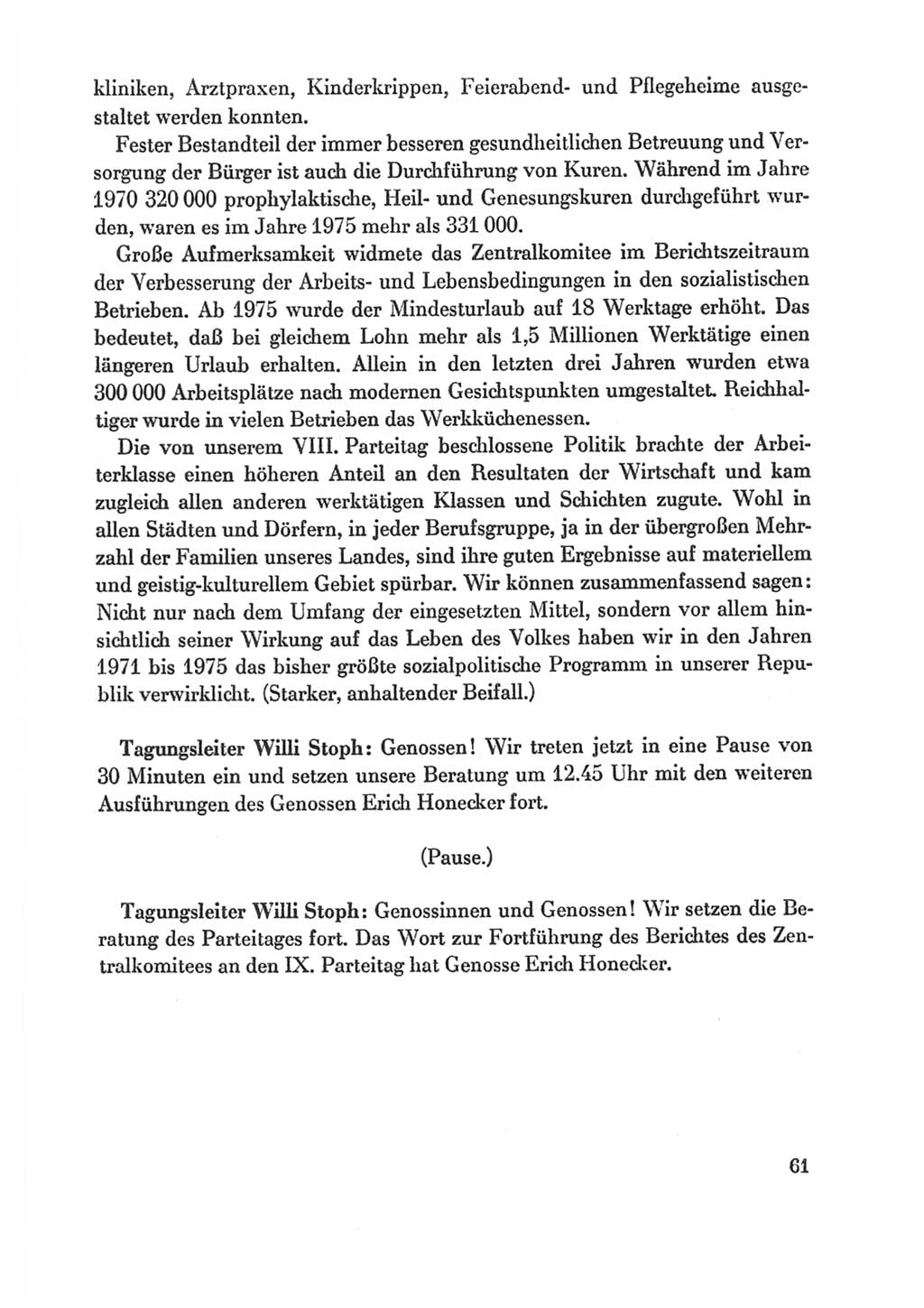 Protokoll der Verhandlungen des Ⅸ. Parteitages der Sozialistischen Einheitspartei Deutschlands (SED) [Deutsche Demokratische Republik (DDR)] 1976, Band 1, Seite 61 (Prot. Verh. Ⅸ. PT SED DDR 1976, Bd. 1, S. 61)