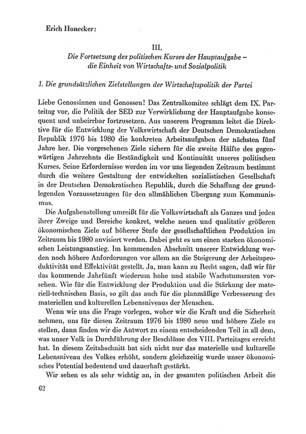 Protokoll der Verhandlungen des Ⅸ. Parteitages der Sozialistischen Einheitspartei Deutschlands (SED) [Deutsche Demokratische Republik (DDR)] 1976, Band 1, Seite 62 (Prot. Verh. Ⅸ. PT SED DDR 1976, Bd. 1, S. 62)