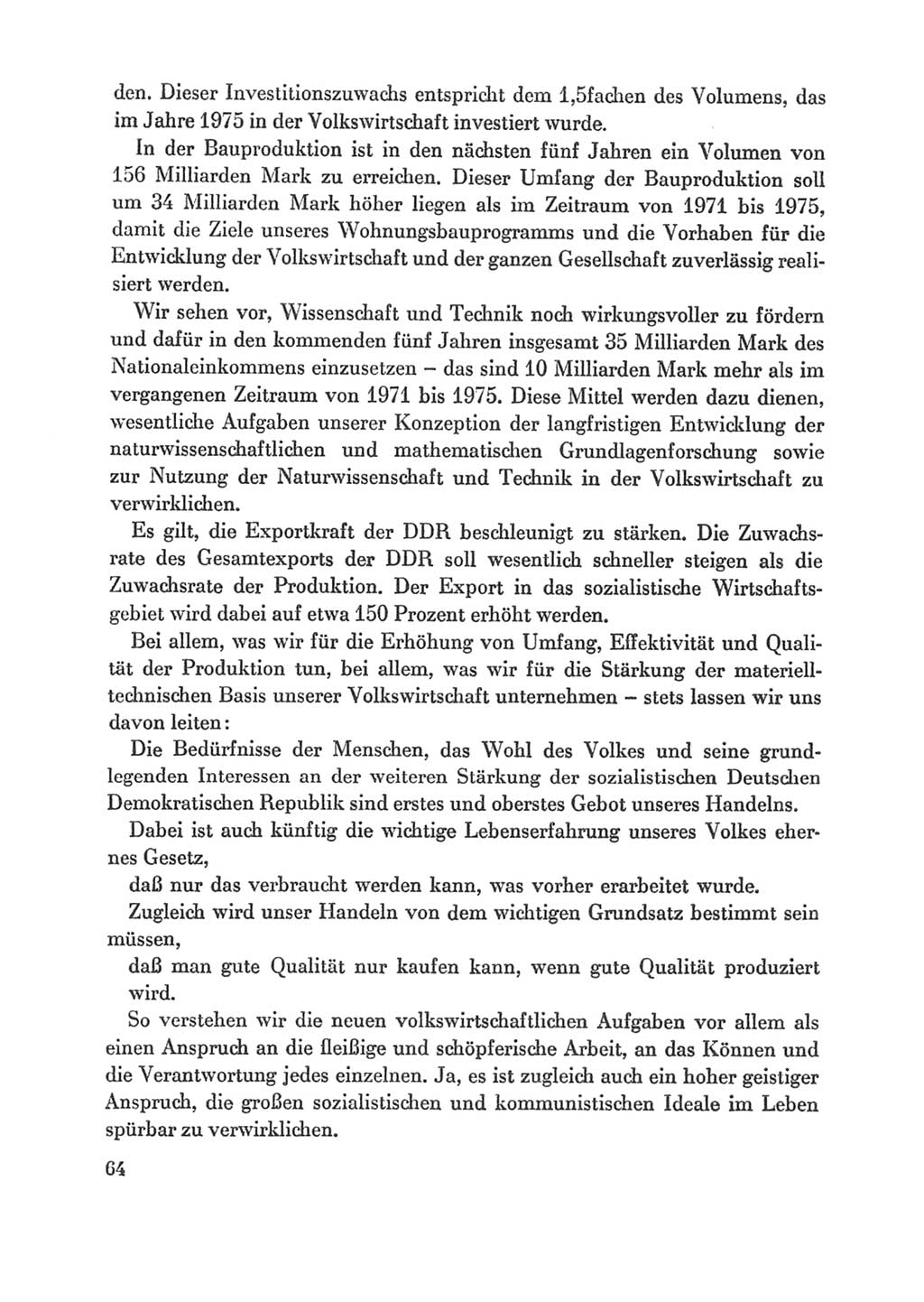 Protokoll der Verhandlungen des Ⅸ. Parteitages der Sozialistischen Einheitspartei Deutschlands (SED) [Deutsche Demokratische Republik (DDR)] 1976, Band 1, Seite 64 (Prot. Verh. Ⅸ. PT SED DDR 1976, Bd. 1, S. 64)