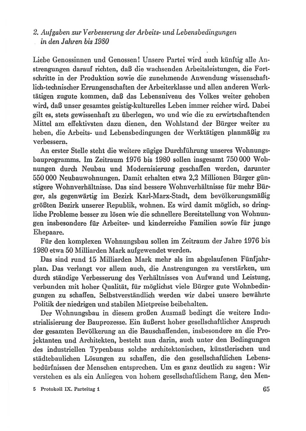 Protokoll der Verhandlungen des Ⅸ. Parteitages der Sozialistischen Einheitspartei Deutschlands (SED) [Deutsche Demokratische Republik (DDR)] 1976, Band 1, Seite 65 (Prot. Verh. Ⅸ. PT SED DDR 1976, Bd. 1, S. 65)