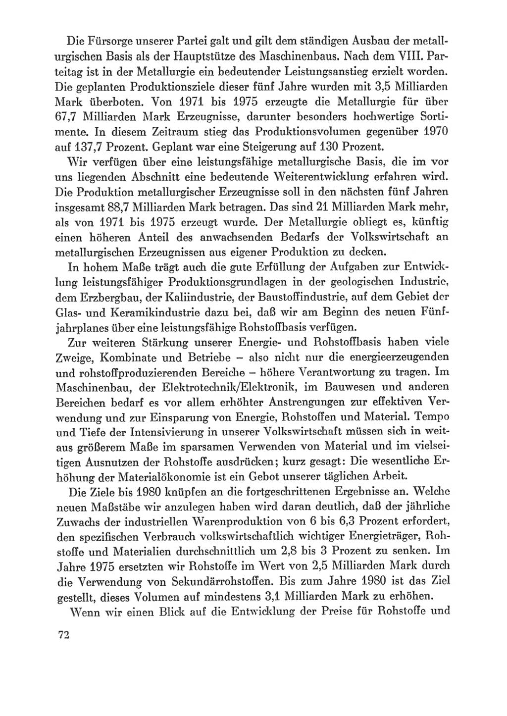Protokoll der Verhandlungen des Ⅸ. Parteitages der Sozialistischen Einheitspartei Deutschlands (SED) [Deutsche Demokratische Republik (DDR)] 1976, Band 1, Seite 72 (Prot. Verh. Ⅸ. PT SED DDR 1976, Bd. 1, S. 72)