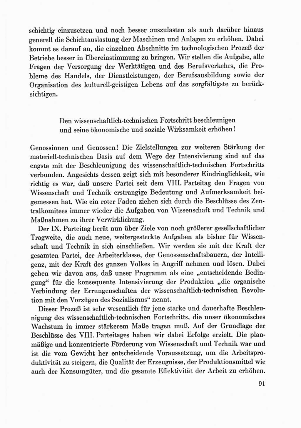 Protokoll der Verhandlungen des Ⅸ. Parteitages der Sozialistischen Einheitspartei Deutschlands (SED) [Deutsche Demokratische Republik (DDR)] 1976, Band 1, Seite 91 (Prot. Verh. Ⅸ. PT SED DDR 1976, Bd. 1, S. 91)