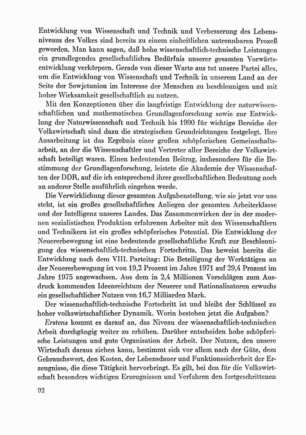 Protokoll der Verhandlungen des Ⅸ. Parteitages der Sozialistischen Einheitspartei Deutschlands (SED) [Deutsche Demokratische Republik (DDR)] 1976, Band 1, Seite 92 (Prot. Verh. Ⅸ. PT SED DDR 1976, Bd. 1, S. 92)