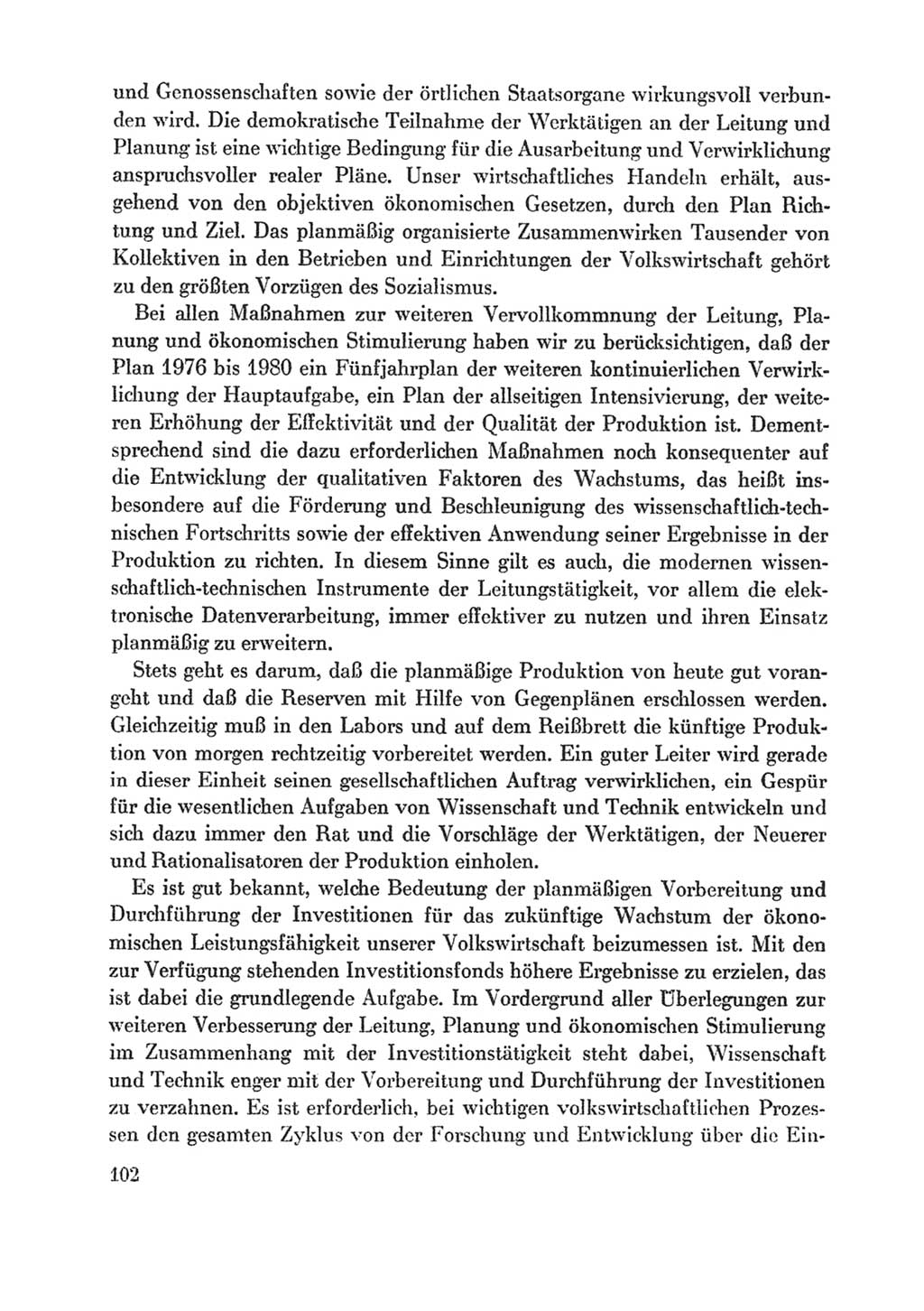 Protokoll der Verhandlungen des Ⅸ. Parteitages der Sozialistischen Einheitspartei Deutschlands (SED) [Deutsche Demokratische Republik (DDR)] 1976, Band 1, Seite 102 (Prot. Verh. Ⅸ. PT SED DDR 1976, Bd. 1, S. 102)