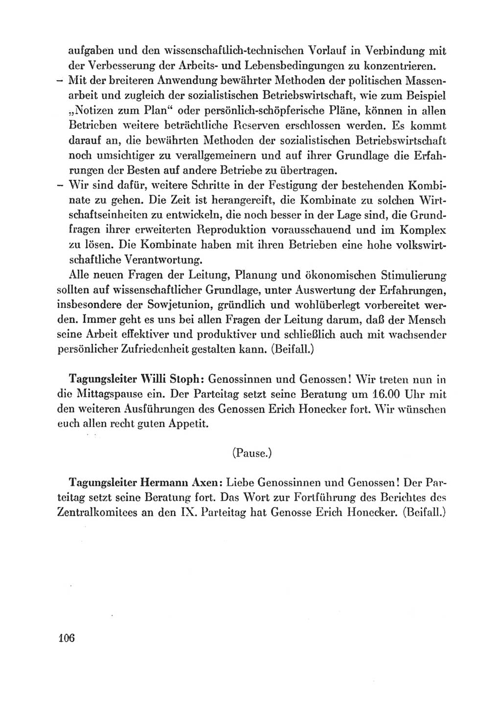 Protokoll der Verhandlungen des Ⅸ. Parteitages der Sozialistischen Einheitspartei Deutschlands (SED) [Deutsche Demokratische Republik (DDR)] 1976, Band 1, Seite 106 (Prot. Verh. Ⅸ. PT SED DDR 1976, Bd. 1, S. 106)