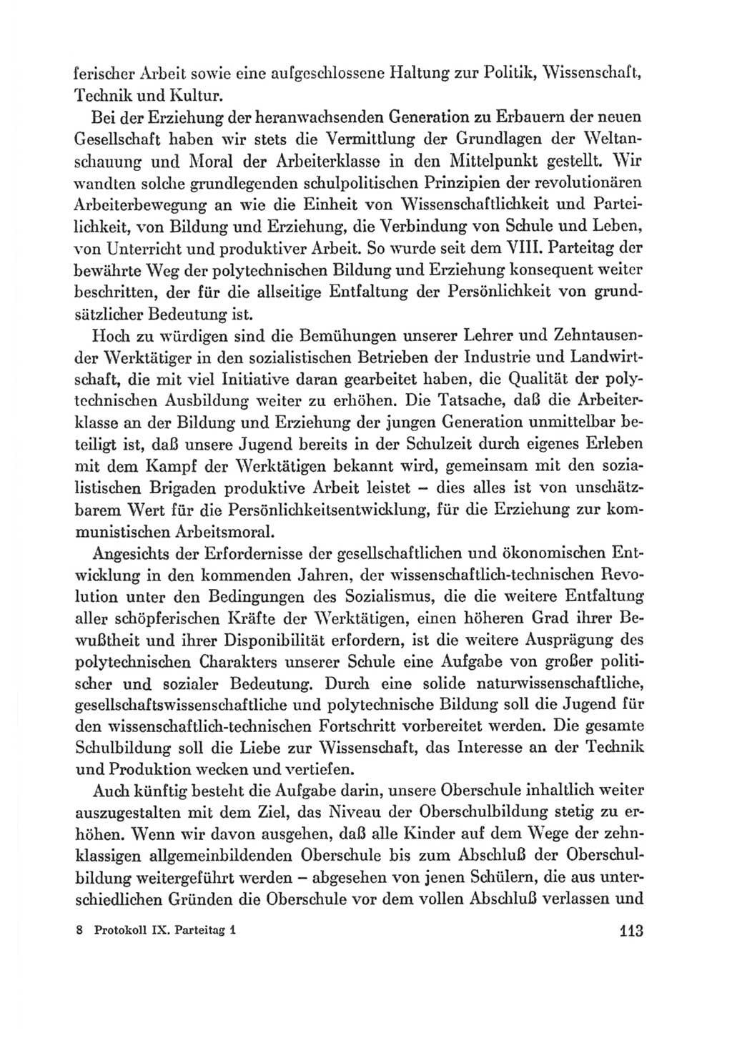 Protokoll der Verhandlungen des Ⅸ. Parteitages der Sozialistischen Einheitspartei Deutschlands (SED) [Deutsche Demokratische Republik (DDR)] 1976, Band 1, Seite 113 (Prot. Verh. Ⅸ. PT SED DDR 1976, Bd. 1, S. 113)
