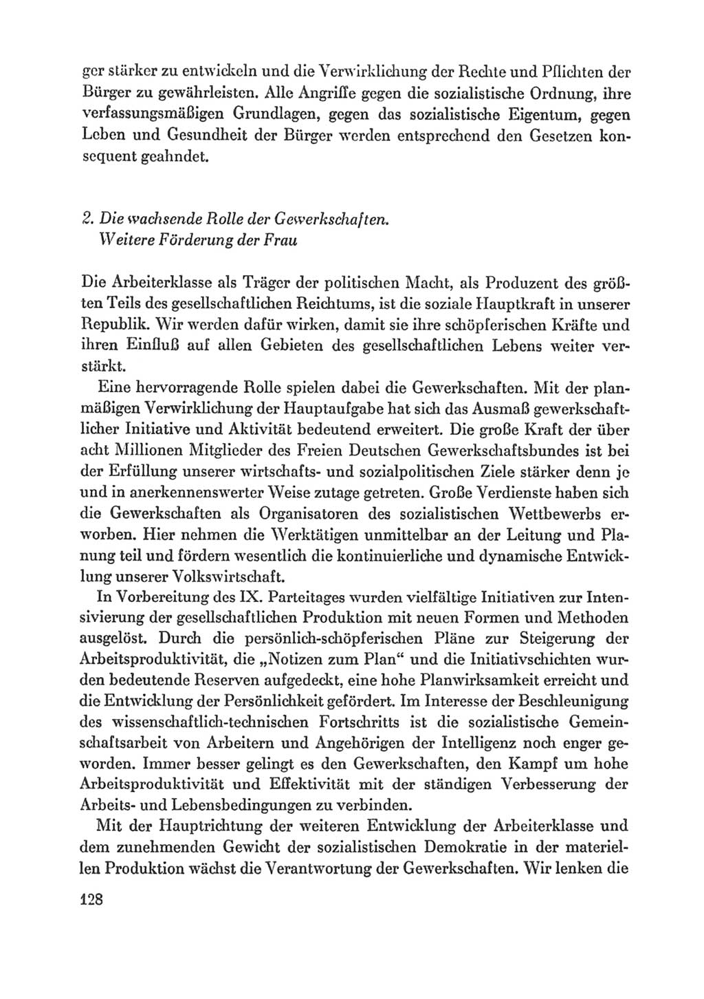 Protokoll der Verhandlungen des Ⅸ. Parteitages der Sozialistischen Einheitspartei Deutschlands (SED) [Deutsche Demokratische Republik (DDR)] 1976, Band 1, Seite 128 (Prot. Verh. Ⅸ. PT SED DDR 1976, Bd. 1, S. 128)