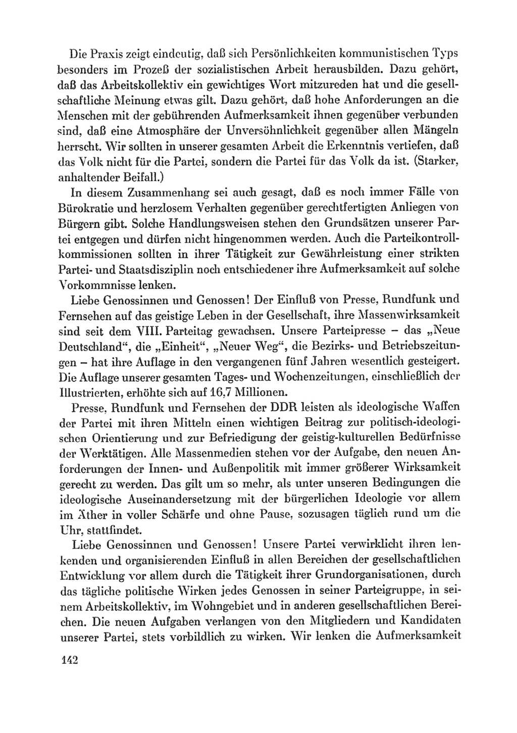 Protokoll der Verhandlungen des Ⅸ. Parteitages der Sozialistischen Einheitspartei Deutschlands (SED) [Deutsche Demokratische Republik (DDR)] 1976, Band 1, Seite 142 (Prot. Verh. Ⅸ. PT SED DDR 1976, Bd. 1, S. 142)