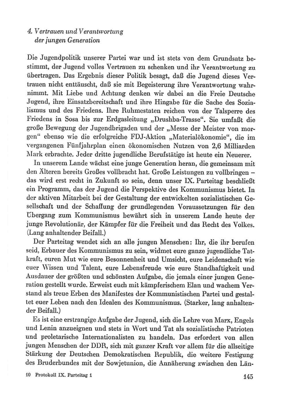 Protokoll der Verhandlungen des Ⅸ. Parteitages der Sozialistischen Einheitspartei Deutschlands (SED) [Deutsche Demokratische Republik (DDR)] 1976, Band 1, Seite 145 (Prot. Verh. Ⅸ. PT SED DDR 1976, Bd. 1, S. 145)