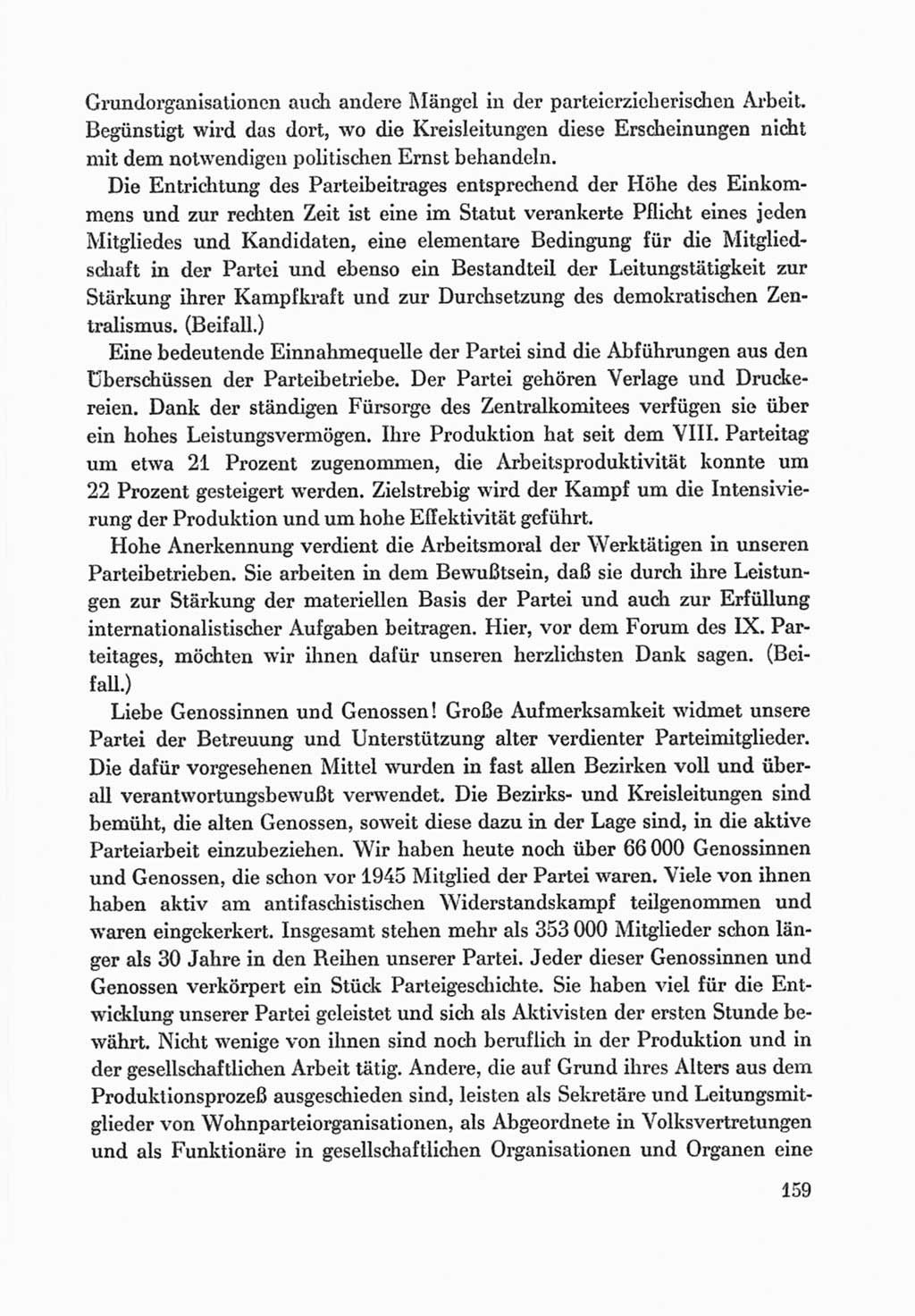 Protokoll der Verhandlungen des Ⅸ. Parteitages der Sozialistischen Einheitspartei Deutschlands (SED) [Deutsche Demokratische Republik (DDR)] 1976, Band 1, Seite 159 (Prot. Verh. Ⅸ. PT SED DDR 1976, Bd. 1, S. 159)