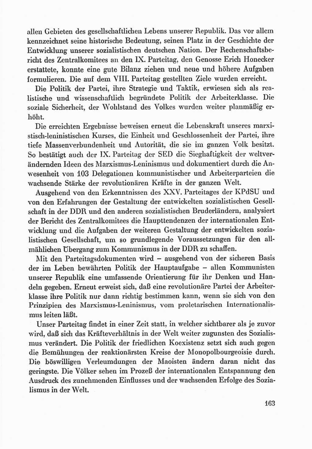Protokoll der Verhandlungen des Ⅸ. Parteitages der Sozialistischen Einheitspartei Deutschlands (SED) [Deutsche Demokratische Republik (DDR)] 1976, Band 1, Seite 163 (Prot. Verh. Ⅸ. PT SED DDR 1976, Bd. 1, S. 163)