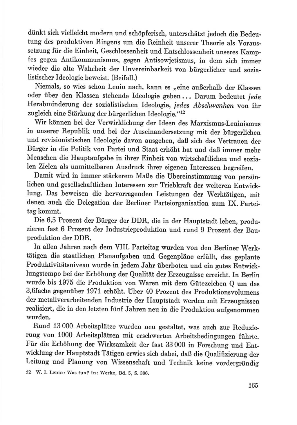 Protokoll der Verhandlungen des Ⅸ. Parteitages der Sozialistischen Einheitspartei Deutschlands (SED) [Deutsche Demokratische Republik (DDR)] 1976, Band 1, Seite 165 (Prot. Verh. Ⅸ. PT SED DDR 1976, Bd. 1, S. 165)