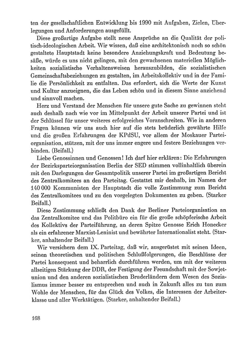 Protokoll der Verhandlungen des Ⅸ. Parteitages der Sozialistischen Einheitspartei Deutschlands (SED) [Deutsche Demokratische Republik (DDR)] 1976, Band 1, Seite 168 (Prot. Verh. Ⅸ. PT SED DDR 1976, Bd. 1, S. 168)