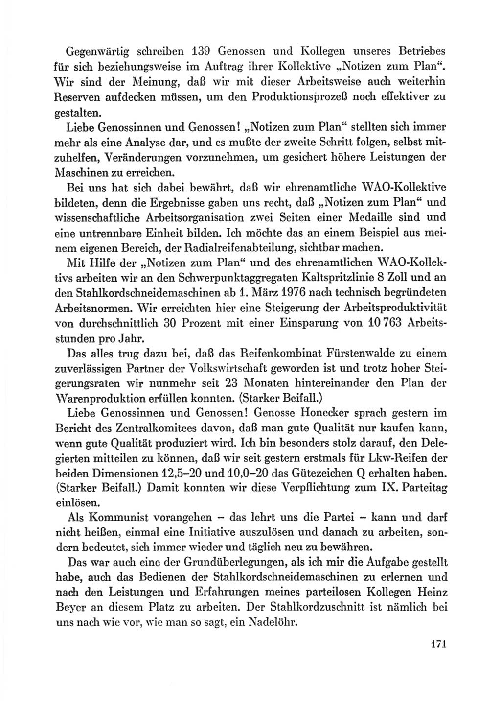 Protokoll der Verhandlungen des Ⅸ. Parteitages der Sozialistischen Einheitspartei Deutschlands (SED) [Deutsche Demokratische Republik (DDR)] 1976, Band 1, Seite 171 (Prot. Verh. Ⅸ. PT SED DDR 1976, Bd. 1, S. 171)