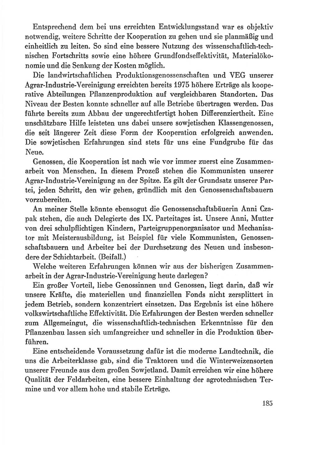 Protokoll der Verhandlungen des Ⅸ. Parteitages der Sozialistischen Einheitspartei Deutschlands (SED) [Deutsche Demokratische Republik (DDR)] 1976, Band 1, Seite 185 (Prot. Verh. Ⅸ. PT SED DDR 1976, Bd. 1, S. 185)