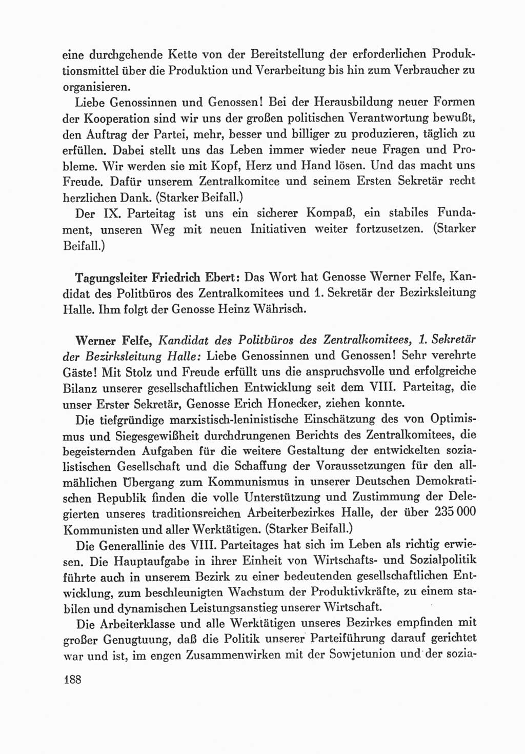 Protokoll der Verhandlungen des Ⅸ. Parteitages der Sozialistischen Einheitspartei Deutschlands (SED) [Deutsche Demokratische Republik (DDR)] 1976, Band 1, Seite 188 (Prot. Verh. Ⅸ. PT SED DDR 1976, Bd. 1, S. 188)