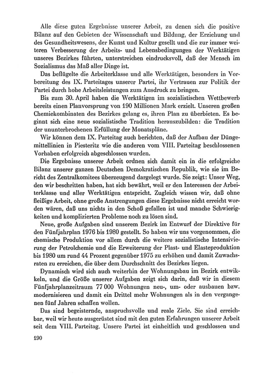 Protokoll der Verhandlungen des Ⅸ. Parteitages der Sozialistischen Einheitspartei Deutschlands (SED) [Deutsche Demokratische Republik (DDR)] 1976, Band 1, Seite 190 (Prot. Verh. Ⅸ. PT SED DDR 1976, Bd. 1, S. 190)