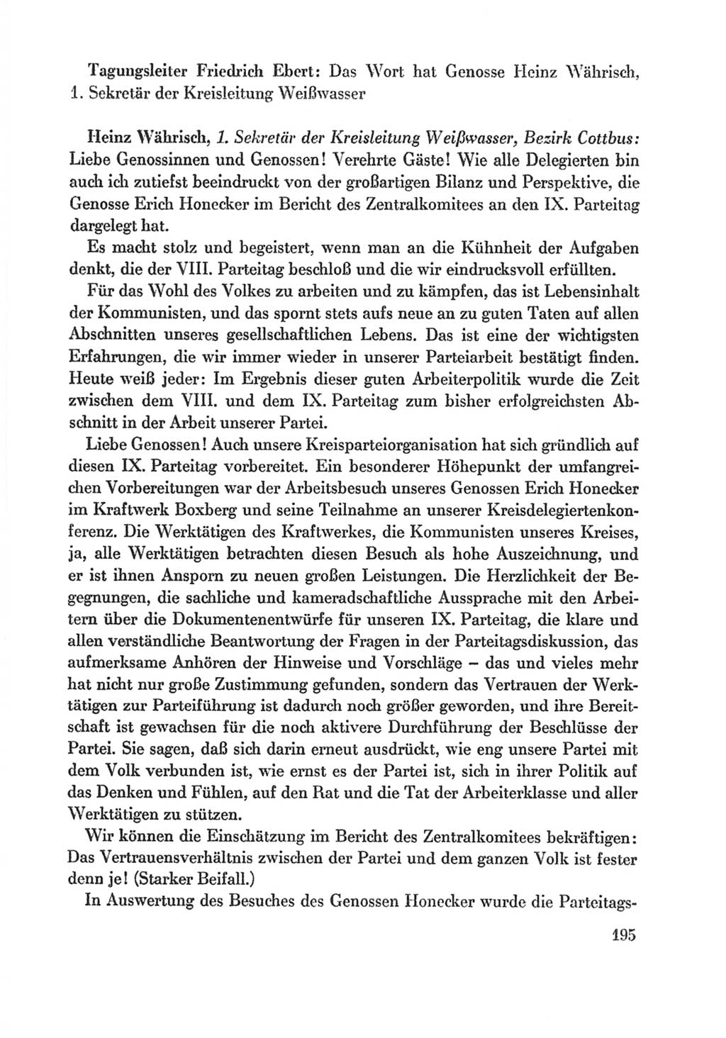 Protokoll der Verhandlungen des Ⅸ. Parteitages der Sozialistischen Einheitspartei Deutschlands (SED) [Deutsche Demokratische Republik (DDR)] 1976, Band 1, Seite 195 (Prot. Verh. Ⅸ. PT SED DDR 1976, Bd. 1, S. 195)