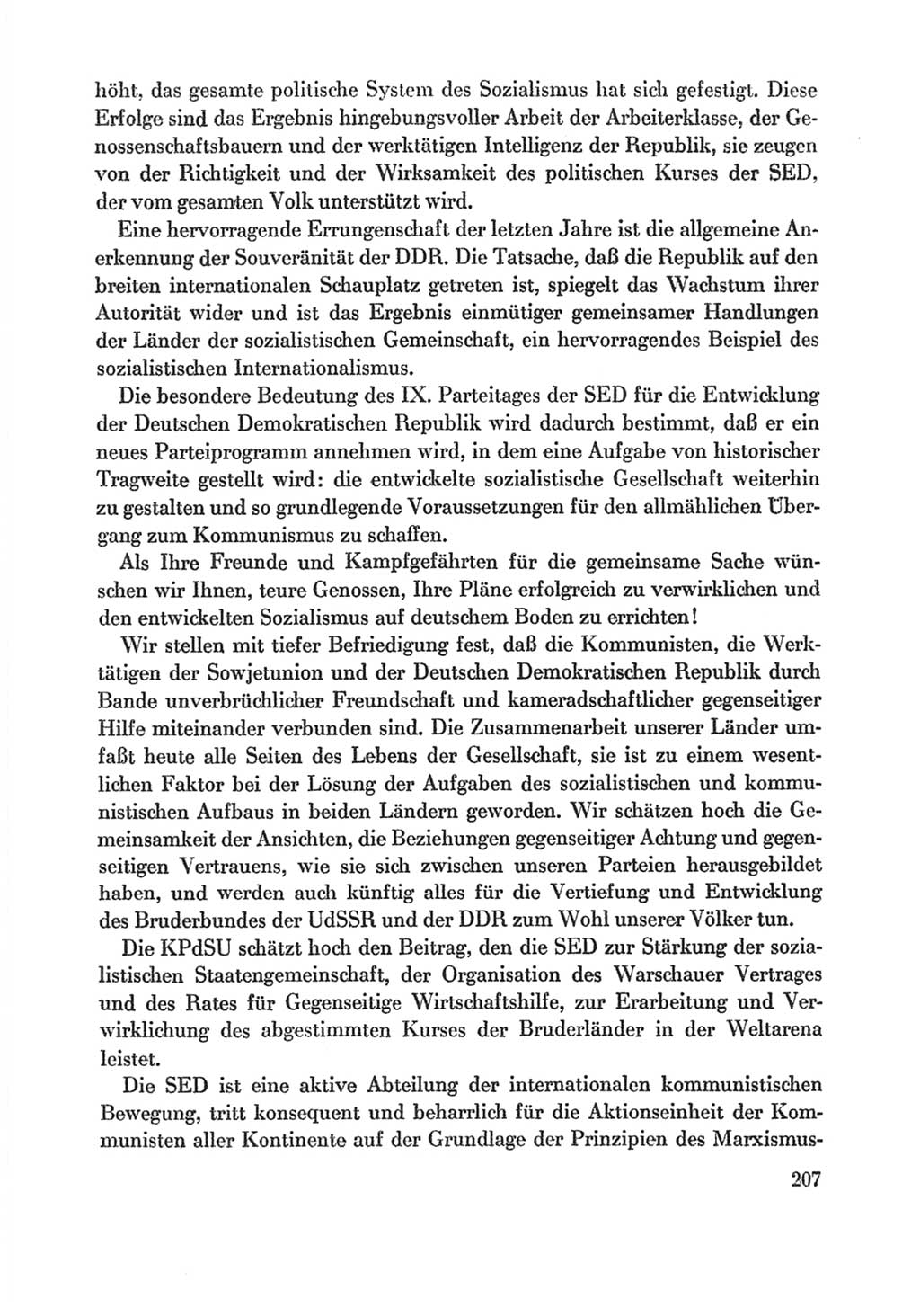 Protokoll der Verhandlungen des Ⅸ. Parteitages der Sozialistischen Einheitspartei Deutschlands (SED) [Deutsche Demokratische Republik (DDR)] 1976, Band 1, Seite 207 (Prot. Verh. Ⅸ. PT SED DDR 1976, Bd. 1, S. 207)