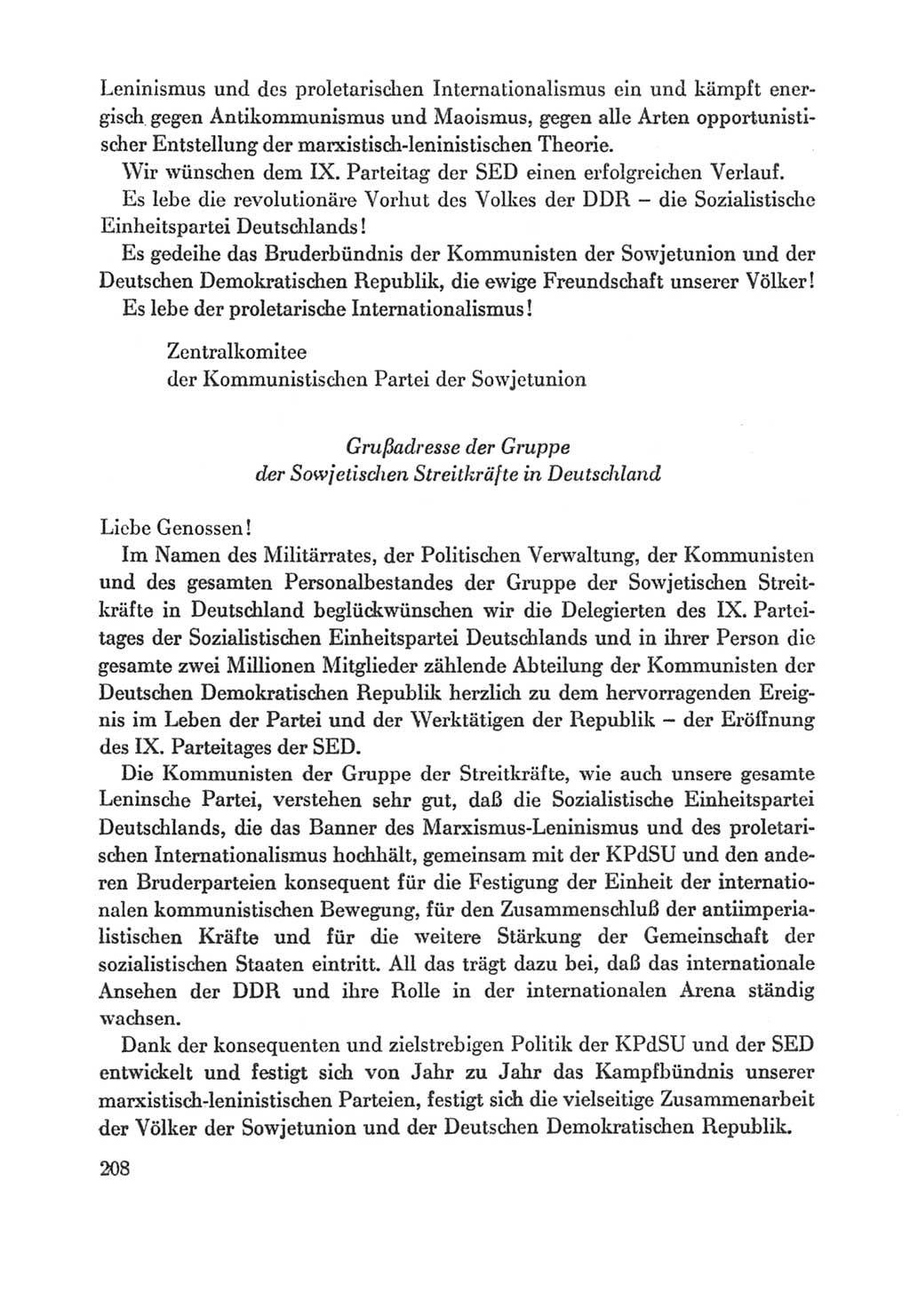 Protokoll der Verhandlungen des Ⅸ. Parteitages der Sozialistischen Einheitspartei Deutschlands (SED) [Deutsche Demokratische Republik (DDR)] 1976, Band 1, Seite 208 (Prot. Verh. Ⅸ. PT SED DDR 1976, Bd. 1, S. 208)