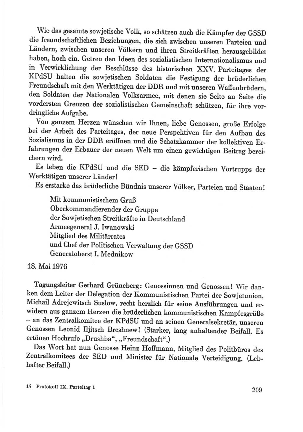 Protokoll der Verhandlungen des Ⅸ. Parteitages der Sozialistischen Einheitspartei Deutschlands (SED) [Deutsche Demokratische Republik (DDR)] 1976, Band 1, Seite 209 (Prot. Verh. Ⅸ. PT SED DDR 1976, Bd. 1, S. 209)
