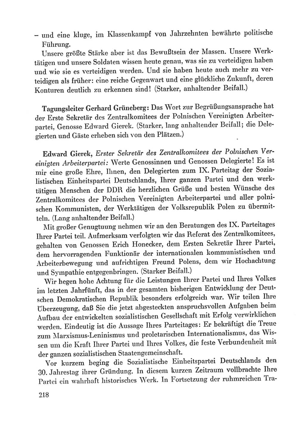 Protokoll der Verhandlungen des Ⅸ. Parteitages der Sozialistischen Einheitspartei Deutschlands (SED) [Deutsche Demokratische Republik (DDR)] 1976, Band 1, Seite 218 (Prot. Verh. Ⅸ. PT SED DDR 1976, Bd. 1, S. 218)