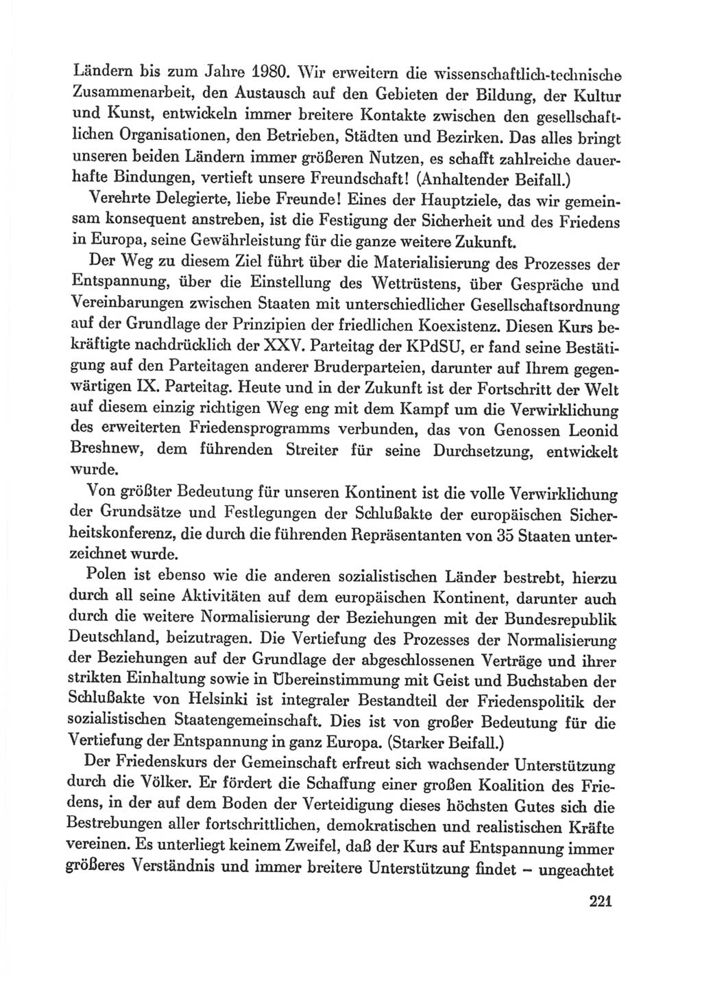 Protokoll der Verhandlungen des Ⅸ. Parteitages der Sozialistischen Einheitspartei Deutschlands (SED) [Deutsche Demokratische Republik (DDR)] 1976, Band 1, Seite 221 (Prot. Verh. Ⅸ. PT SED DDR 1976, Bd. 1, S. 221)