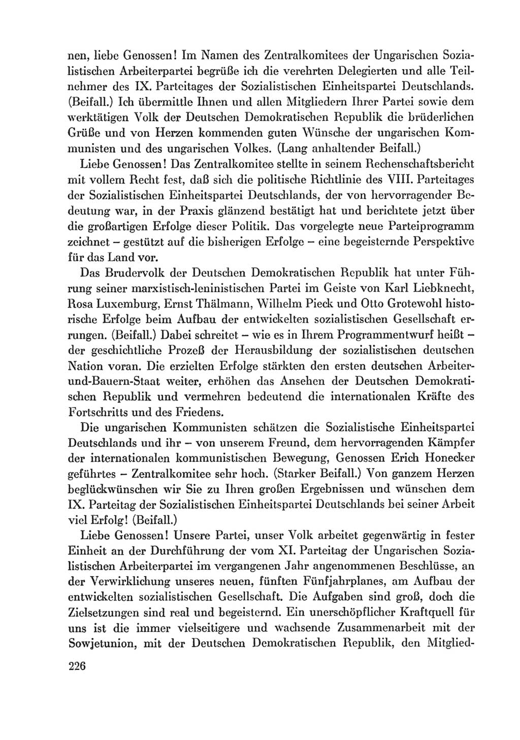 Protokoll der Verhandlungen des Ⅸ. Parteitages der Sozialistischen Einheitspartei Deutschlands (SED) [Deutsche Demokratische Republik (DDR)] 1976, Band 1, Seite 226 (Prot. Verh. Ⅸ. PT SED DDR 1976, Bd. 1, S. 226)